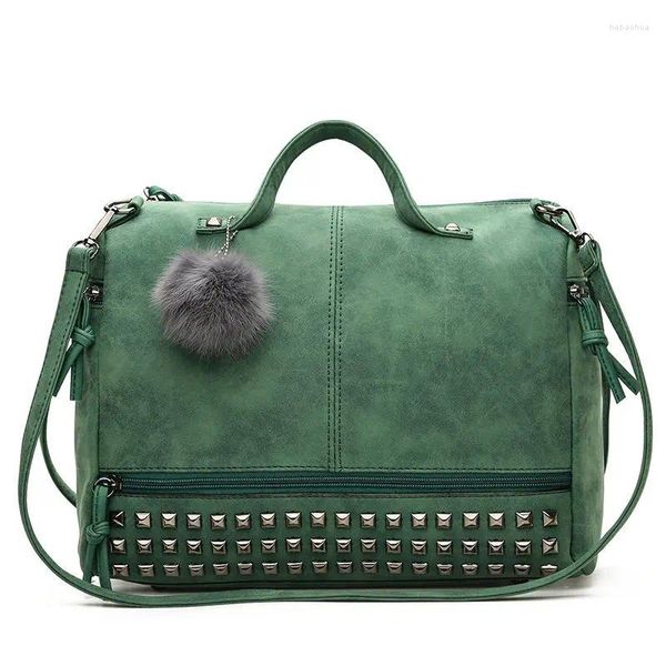 Bag Vintage Nubuck Leder Ladies Handtasche Niete große Kapazität Frauen Totes Hair Ball Schulter Frau Messenger Top-Griff-Taschen