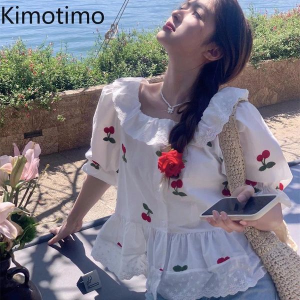 Blusas femininas kimotimo cereja bordada renda de renda de colarinho de colarinho feminino manga de verão tops soltos coreanos chiques up blouse
