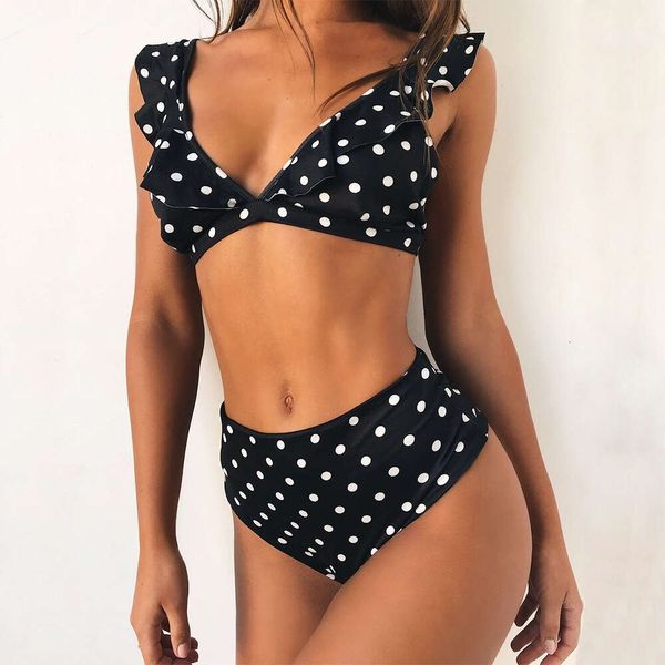 2024 Ruffle Edge Deep V Bikini Black e White Wave Dot impresso Sexy Swimsuit F41722