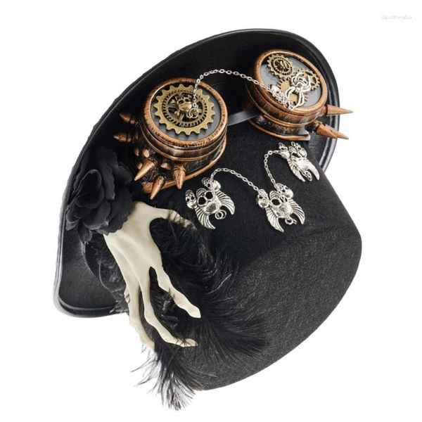 Berets Steampunk Flat Top -Hut mit Handskelettongoglen Carnivals Party Magicians