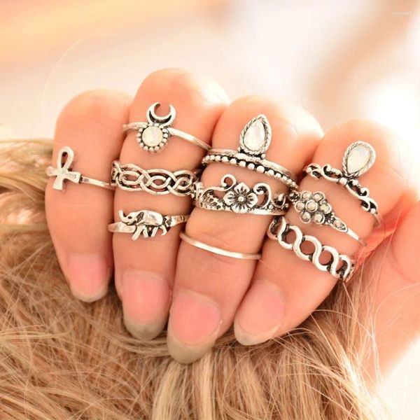 Clusterringe 10 PCs/Set Bohemian Vintage Carving Finger Finger für Frauen Knöchel Ring Set Ladies Juwely Anillos Mujer