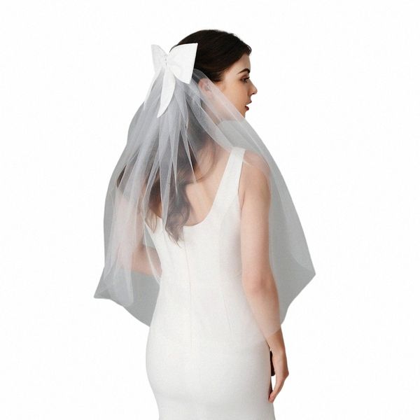 Tulle a doppia strato in maglia solido Donne Short Wedding Veil con clip ribbatta Centro Centro Cascade Bride Party R9XT#