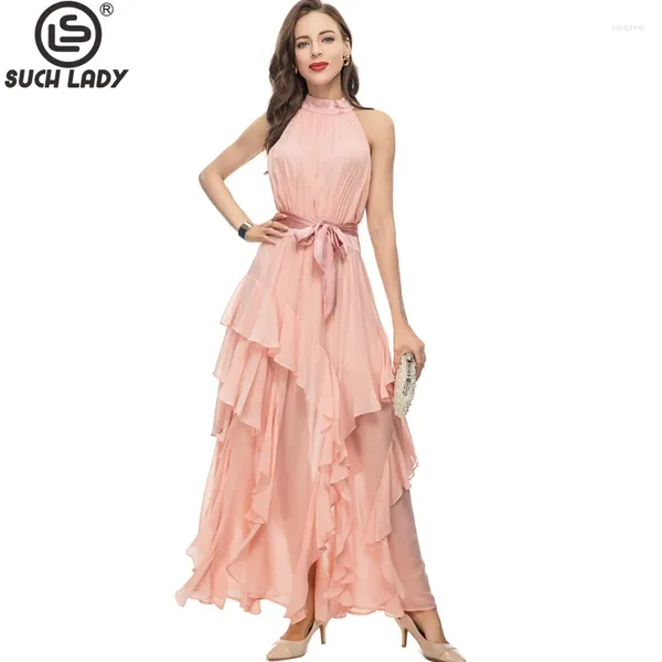 Abiti casual Donway's Runway Halter Sleeveveless Ruffles Lace Up Fashion Designer Party Prom Gown