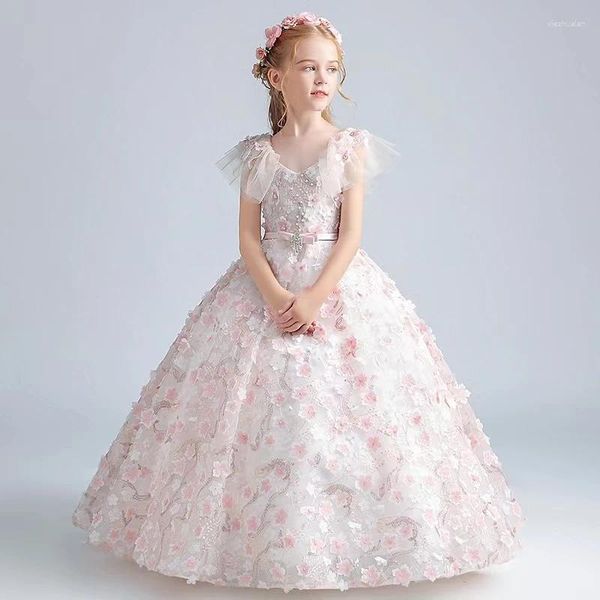 Girl Vestes Battle Girls Elegant Evening Dress Flower Flower Wedding Kids Kids Piano Performance Abito formale a V-Neck Princess