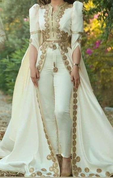 Vestidos de noite elegantes de marfim de marfim de marfim com apliques de renda dourada feminino macacão de macacões cristal