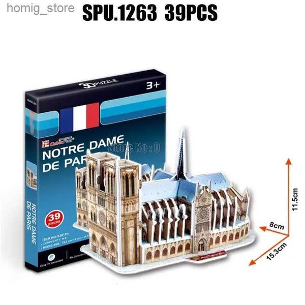 Puzzles 3D 39pcs Arquitetura mundialmente famosa Notre Dame de Paris 3D Papel Modal Puzzle Toy Y240415