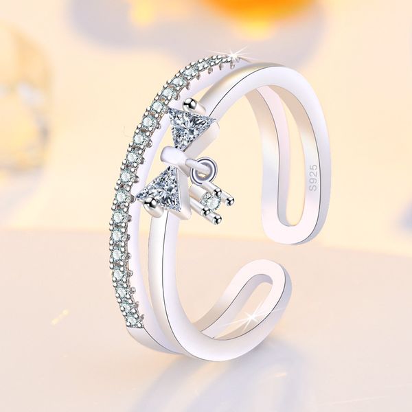 S925 Silver Butterfly Designer Rings For Women Girls Luxury CZ Zircão Sweet Bow Bowknot Linha Double Design de unha chinesa de dedo amor