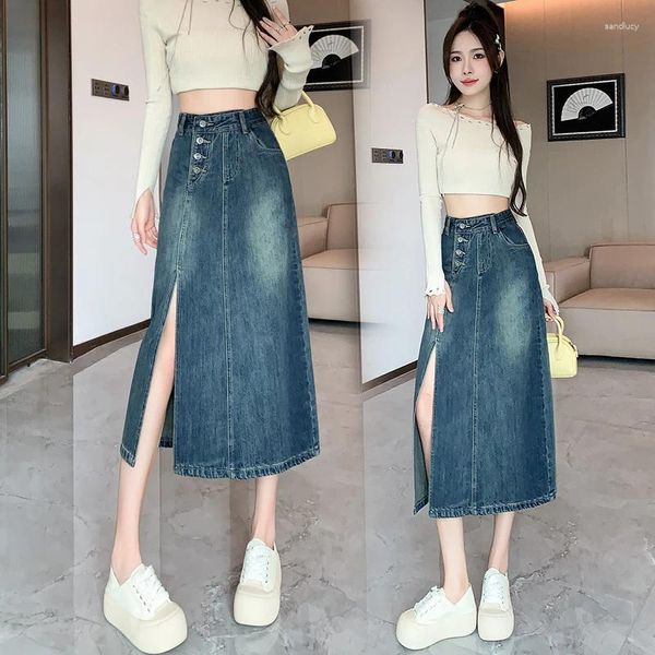 Saias de moda coreana Sexy Splicing Dob Woman Womens Womens Medi-Long Skirt Casual Feminino Meninas Denim Vah159 2