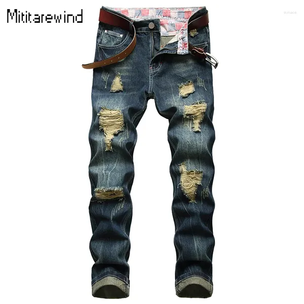 Jeans masculinos High Street para homens Lavar retro jeans casual calça algodão média da cintura escura Moda rasgada e versátil Y2K Streetwear