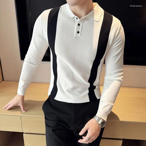 Herrenpullover Strickwege für Männer hochwertiges Farbblockieren Design Homme Koreanische Luxuskleidung drehen Kragen Casual Pullovers herunter