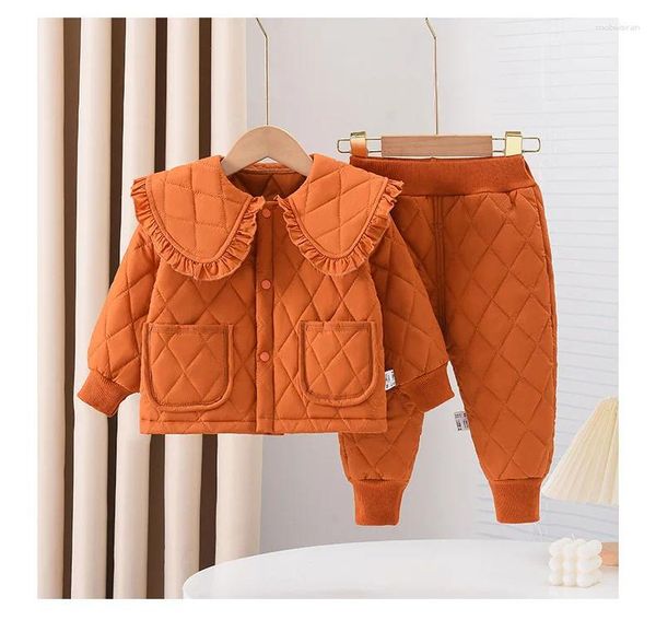 Set di abbigliamento set invernale per ragazze 2024 baby autunno e clip di cotone due pezzi con collare bambole alla moda clo