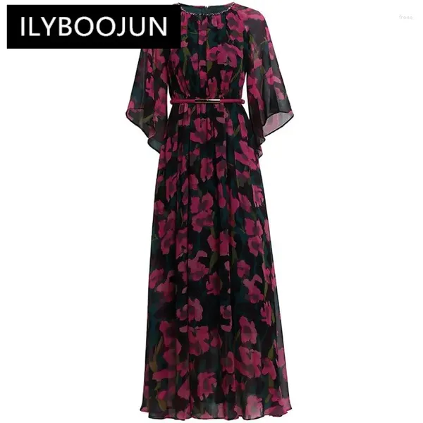 Vestidos casuais ilyboojun moda feminina redonda de pescoço feminino manga com cintura alta de cintura alta