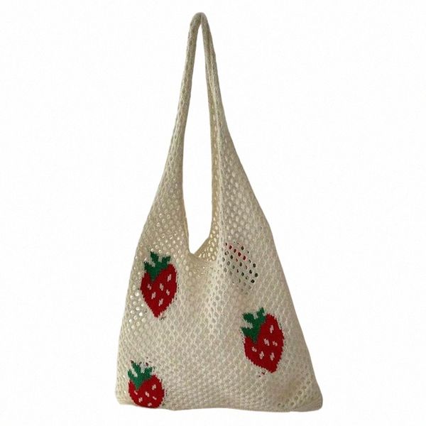 Mulheres de grande capacidade Bolsa de ombro de ombro elegante Morango Cherry Pattern Crochet Bag Bag All-Match Saco fofo Fanny Pack Knitting J76f#