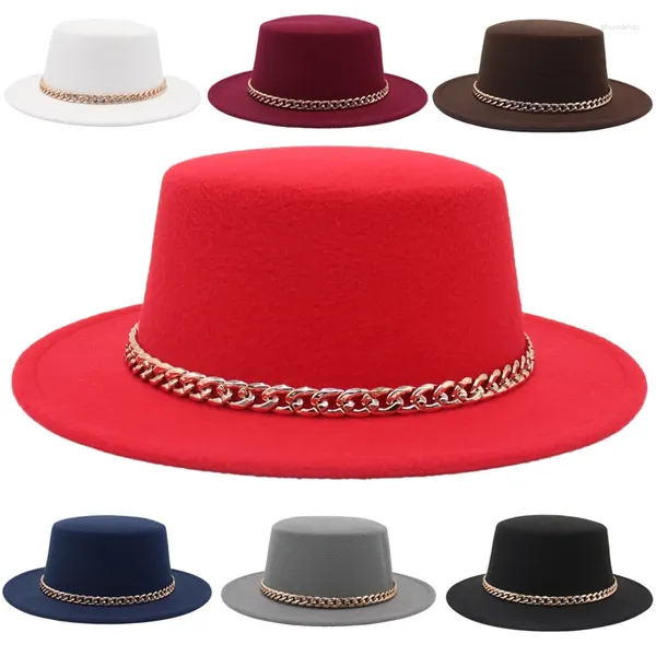 Beret Classic Solid Color Golden Acrylkette Frauen Fedora Hüte Gentleman Jazz Männer Retro Lady flach breit großes Krempe Round Top Hut