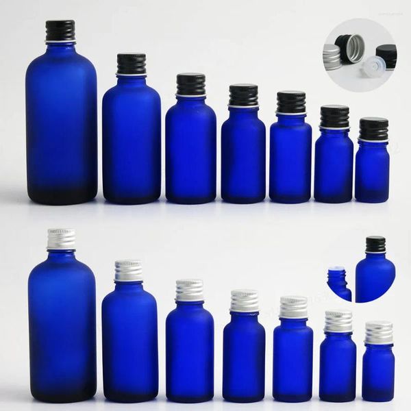 Bottiglie di stoccaggio 200 X Contenitore di olio essenziale in vetro blu con inserto con tappo in alluminio nero d'argento 100 ml 50ml30ml 20ml 15ml 10 ml 5ml