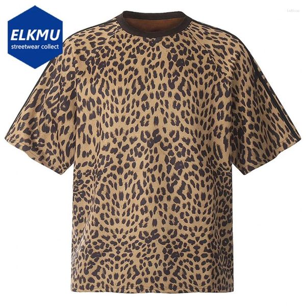 Erkek Tişörtler Erkek Leopard T-Shirts Süet Tee Teps Vintage Gevşek Kısa Kollu Tshirt 2024 Yaz Harajuku Hip Hop Gömlek