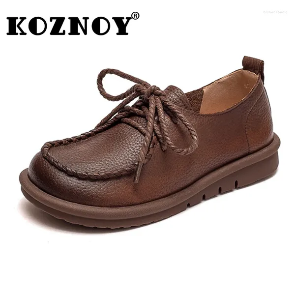 Lässige Schuhe Koznoy 3cm echtes Leder Retro Vintage Round Toe Ethnisch bequeme Sommer Non Slip Women Oxford Sohle flache Schnürfloßlaager