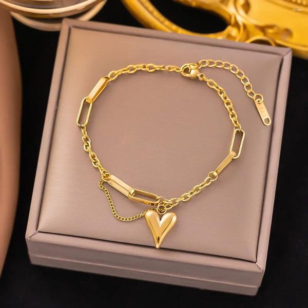 Pulseiras de link Bohemian Aço inoxidável Corrente de ouro banhado delicado em forma de coração pulsação de pendente para mulheres conjunto de jóias