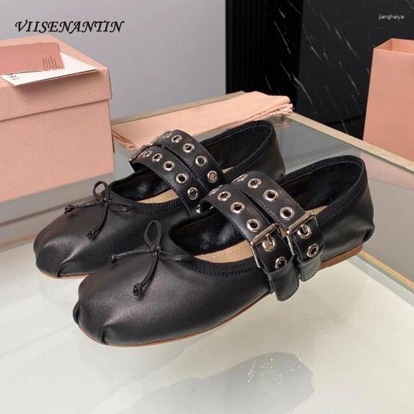 Casual Schuhe Gürtelschnalle Damen flaches Ballett Gold Silber Echtes Leder Bowtie Runde Zehen Komfort Walking Fahren Sapatos