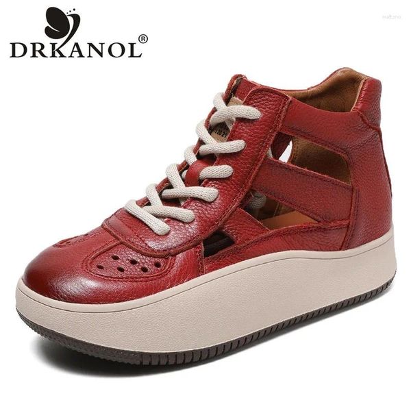 Повседневная обувь Drkanol College Style Women High Top Sneakers Summer Hollow Student Platform Подлинная кожа круто