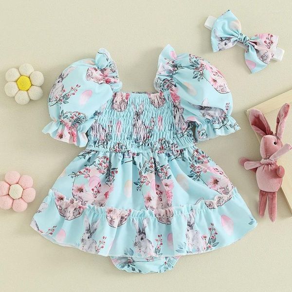 Kleidung Sets Säuglinge Baby Girls Osteroutfits Blumendruck kurzärmeliger Overall mit Stirnband 2 Teile für 3 Monate bis 24
