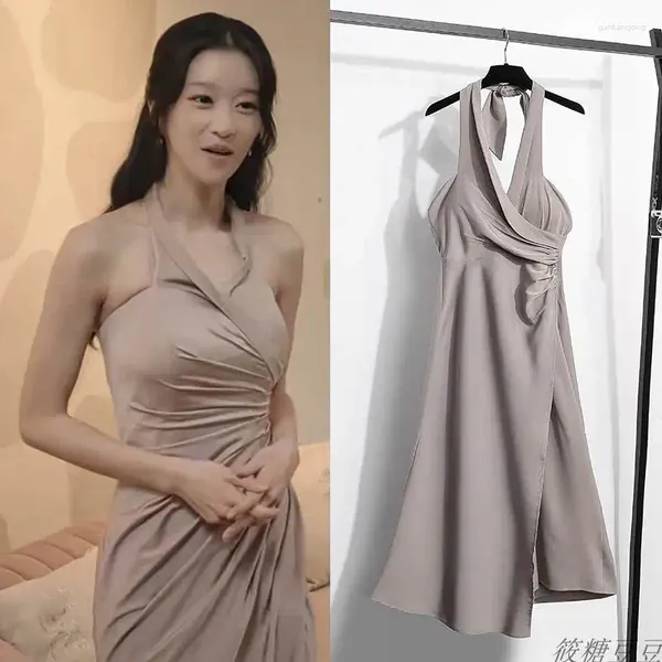 Sıradan Elbiseler Kpop Koreli Drama Kadın Sokak Giyim Zarif Parti Kolsuz İnce Elbise Yaz Halterneck Lady Seksi Sırtsız Mini