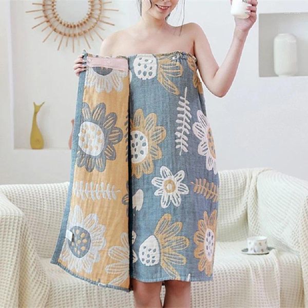 Handtuch absorbierende Musselin -Baumwollbad Rock Wrap mit Knopf Japanischer Stil Blumenkleid Sauna Spa Robe Duschtücher Badezimmer