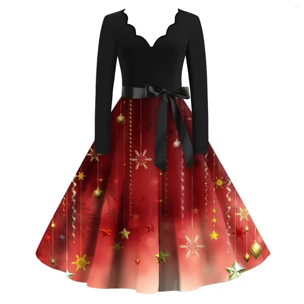 Lässige Kleider Frauen Weihnachtskleid -Print O Hals Langarm Elegant Vintage Herbst Winter Midi Sundress Weihnachtsfeier Kostüm Vestidos