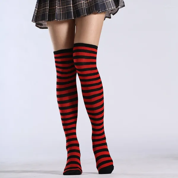 Женские носки 1PAIR на колене Черно -белый синий красная длинная полоса Японский мультфильм с туго высокой для девочки косплей студент Кавайи колготки