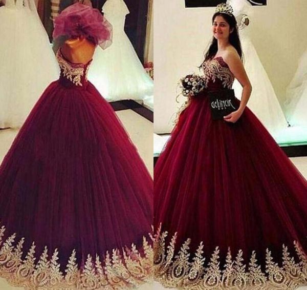 2019 Burgundy Quinceanera Elbise Prenses Arap Dubai Altın Aplikes Tatlı 16 Yaş Uzunca Kızlar Balo Partisi Pageant Elbisesi Plus Boyutu CU4545653