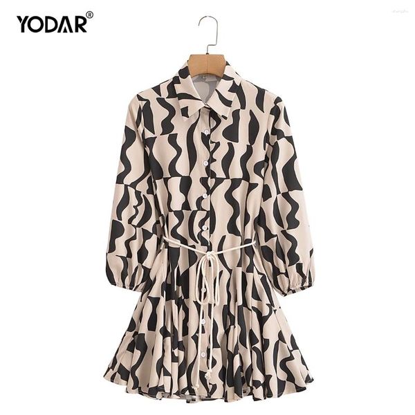 Abiti casual Yodar 2024 Mini vestito corto elegante per donne Spring Autumn Autumn Autunno a maniche lunghe in vita Affittata Fascitura Black Print Party