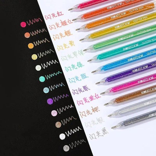 12pcs/conjunto de canetas gel Pens Glitter para escolares periódicos para adultos desenhando rabiscos Promoção de marcadores de arte