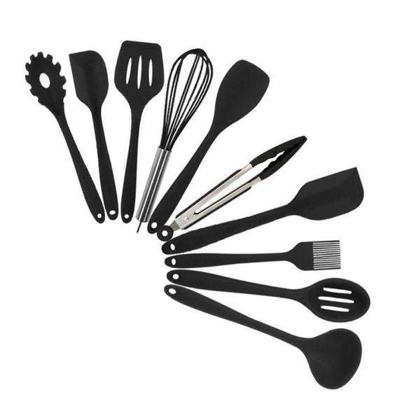 Utensílios de cozinha de silicone de 10pcs/conjunto de moda com balde de armazenamento resistente à alta temperatura e colher de espátula de panela