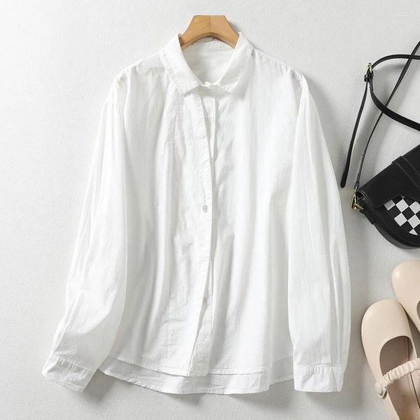 Blusas femininas algodão e linho costura lapela de manga comprida Camisa 2024 Spring Autumn estilo coreano Design Wide Casual Top