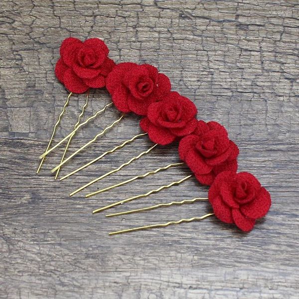 Clipes de cabelo 5Pieces Red Rose Flower Damaid Sticks Hairpins de casamento Para mulheres jóias de noiva