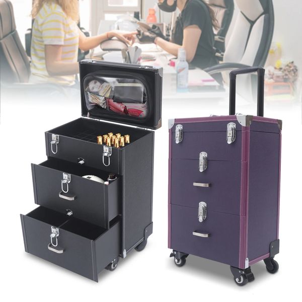 Make -up -Zughülle Rolling Trolley Nagellack Organisator Schmuck Reise Kosmetische W 4 Räder PurpleBlack 240416