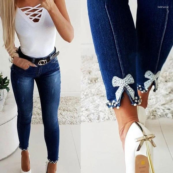 Женские джинсы Слим подходит для длинных ног бабочка липкие цветочные сшитые бусинки джинсовые брюки с разделители футов женщина высокая талия