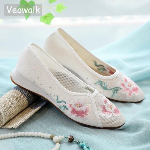 Scarpe casual veowalk comoda tessuto di cotone donna scivolare sulla punta punta piatta cinese ricamato a ballerine verdi rosa bianche