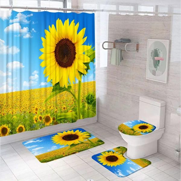 Cortinas de chuveiro Girassol, cortina floral conjunto rústico luz solar azul céu nuvem branca campo banheiro de banho macio tapete de tapete de tapete tampa do banheiro