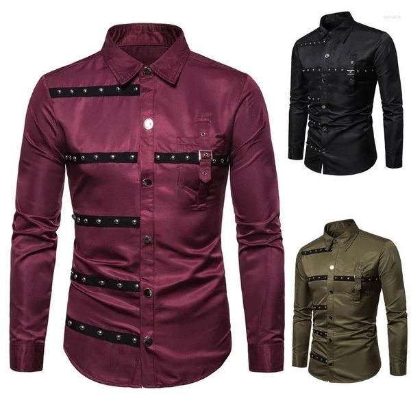 Herren lässige Hemden 2024europäische Version Herren Gothic Style Rivet Long Sleeve Shirt Kleid Hip Hop Männliche Persönlichkeit Fit Slim Kleidung