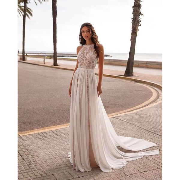 Casamento de praia de praia Uma linha de chiffon bordado com mangas de linha de chiffon.