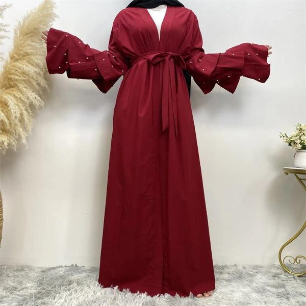 Abbigliamento etnico 2024 EID Ramadan Open Abaya Perle Ruffles Sleeve Donne musulmane Dubai Dress Turchia Kaftan Islam Kimono Cardigan Capo Jalabiya