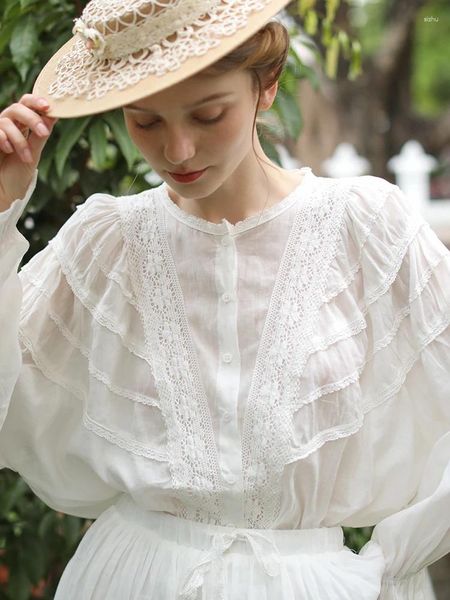 Blusas femininas aigyptos primavera verão mulheres tops vintage elegante e elegante lanterna longa de lanterna longa lã de renda de renda de algodão branco superdimensionado