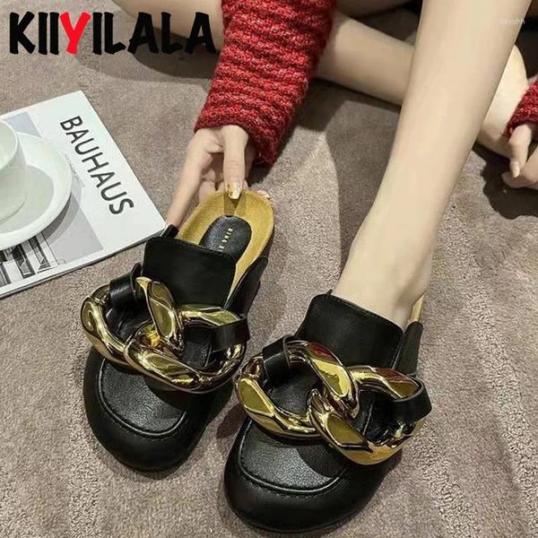 Sandalen Metallkette Marke Design Gold Frauen Slipper geschlossener Zeh -Schlupf auf Mules Schuhe runden Low Pantoffeln Frau High Gladiator Sport