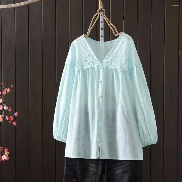 Женские блузки Trend 2024 Япония в стиле с длинным рукавом с длинным рукавом V вы вышив