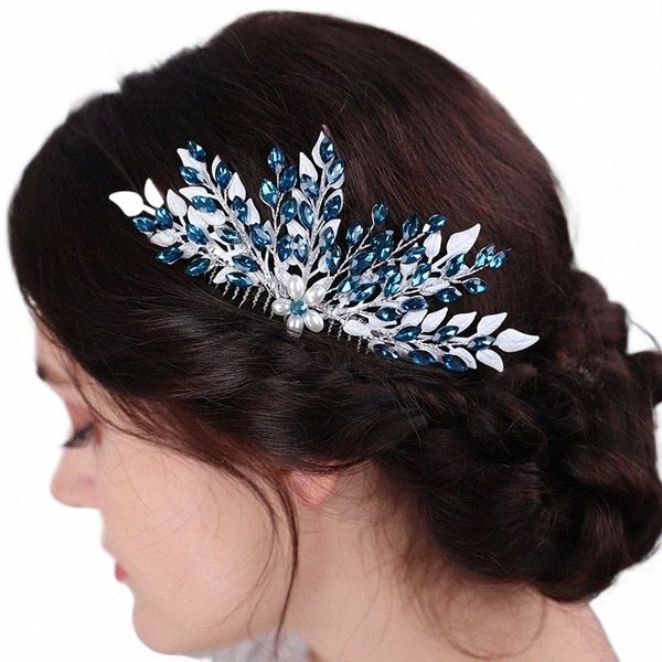 Fi Blue Rhineste Hair Hair Combs Lomoa deixa Pearl Cabeça de Cabinete para Mulheres Cabelos Aceitos para Noivas Tiara I3ym#