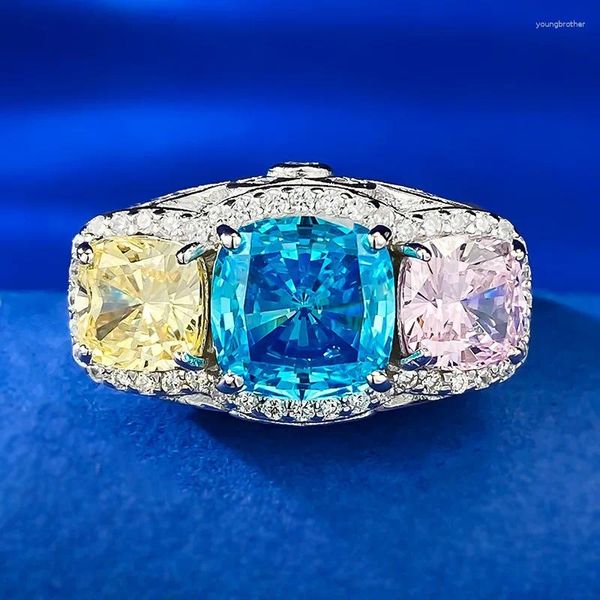 Rings cluster 2 anello di diamanti colorato per donne con blu giallo personalizzato a pieno contrasto