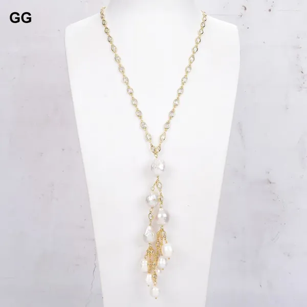 Colares pendentes Jóias GG 26 '' White Keshi Pearl Gold Color Crystal Sweater Chain Colar para mulheres