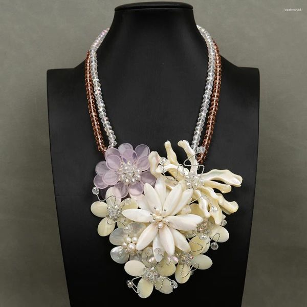 Подвесные ожерелья g-g ручная ожерелье 2 ряда натуральная смесь драгоценных камней Кристаллическая белая раковина Жемчужная цветок для леди