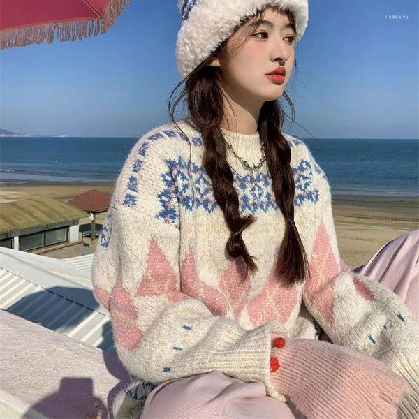 Suéteres femininos Padrão de argyle rosa doce para meninas Preppy Lady Loose de tamanho longo da manga longa Pullover de inverno Autumn Tops Moda coreana